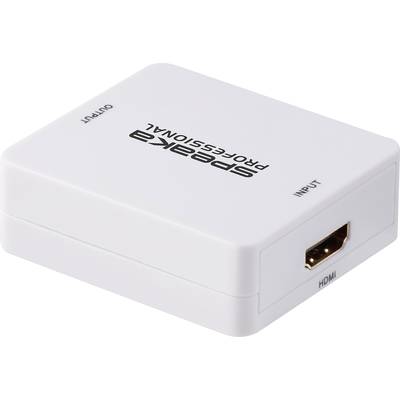 Weißer HDMI-Splitter mit den Anschlüssen für Eingang und Ausgang, hergestellt von einer Firma namens Speaka Professional.