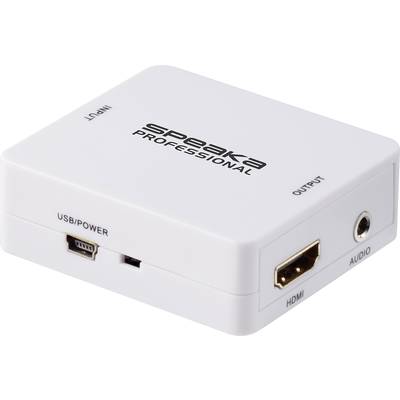 Weißer Adapter von 'Speaka Professional' mit HDMI-Ausgang, Audioanschluss und USB-Eingang, etiketiert mit 'INPUT' und 'OUTPUT'.