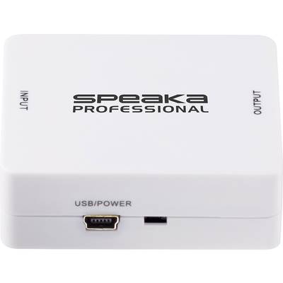 Weißes Kunststoffgehäuse eines digitalen Audio-Konverters mit Markennamen 'Speaka Professional'. Anschlüsse für Eingabe, Ausgabe und USB/Power.