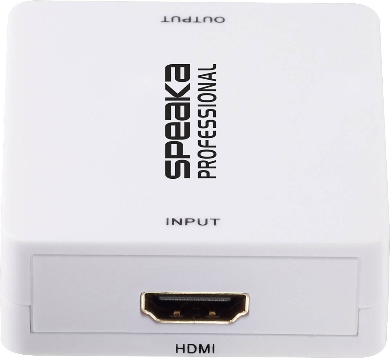 Ein weißer HDMI-Splitter mit einem HDMI-Eingang und einem Ausgang, der die Marke 'Speaka Professional' zeigt.