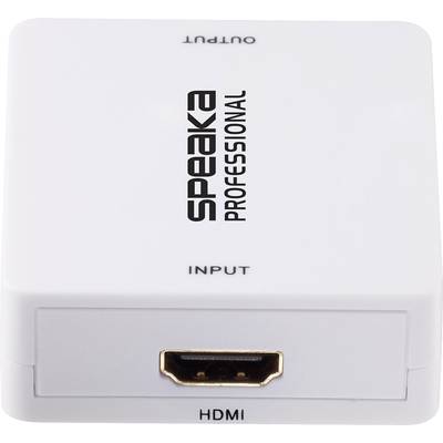 Ein weißer HDMI-Splitter mit einem HDMI-Eingang und einem Ausgang, der die Marke 'Speaka Professional' zeigt.