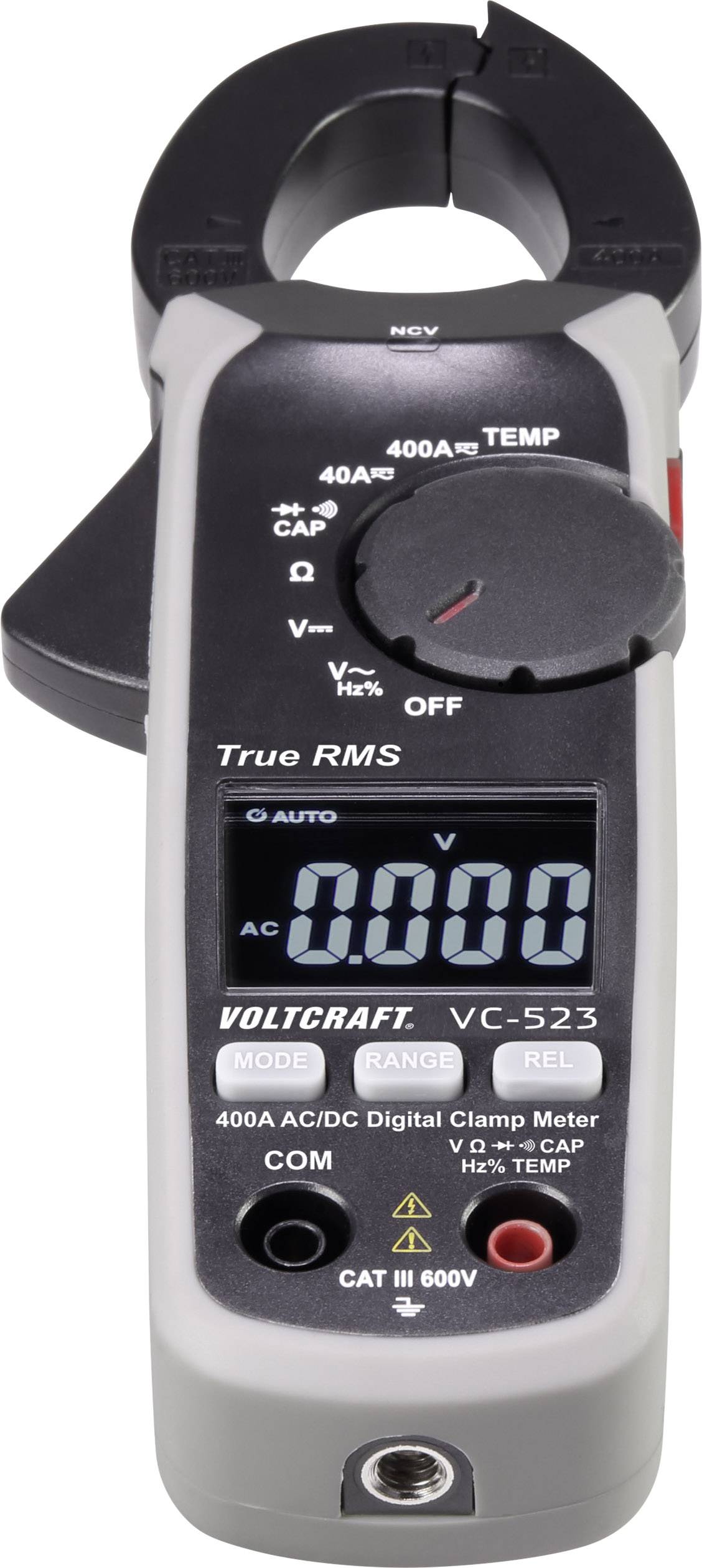 Das Bild zeigt ein digitales Spannungsmessgerät, Modell 'Voltcraft VC-523', mit Displayanzeige '0.000 V'. Es misst AC/DC und Temperatur.