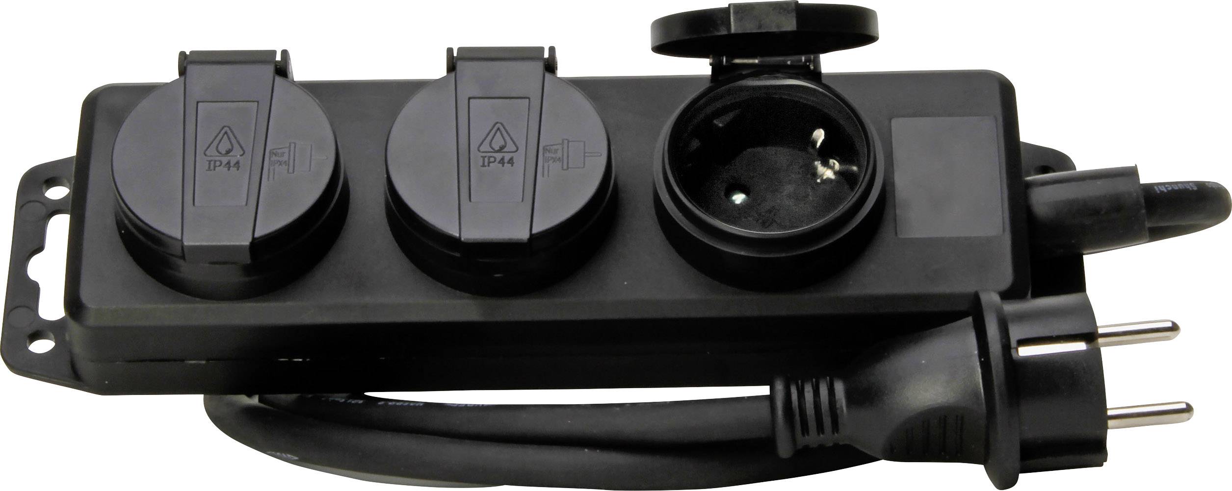 Schwarzer Verteiler mit drei Steckdosen, zwei mit Schutzklappen, einem offenen, und einem angeschlossenen dreipoligen Stecker.