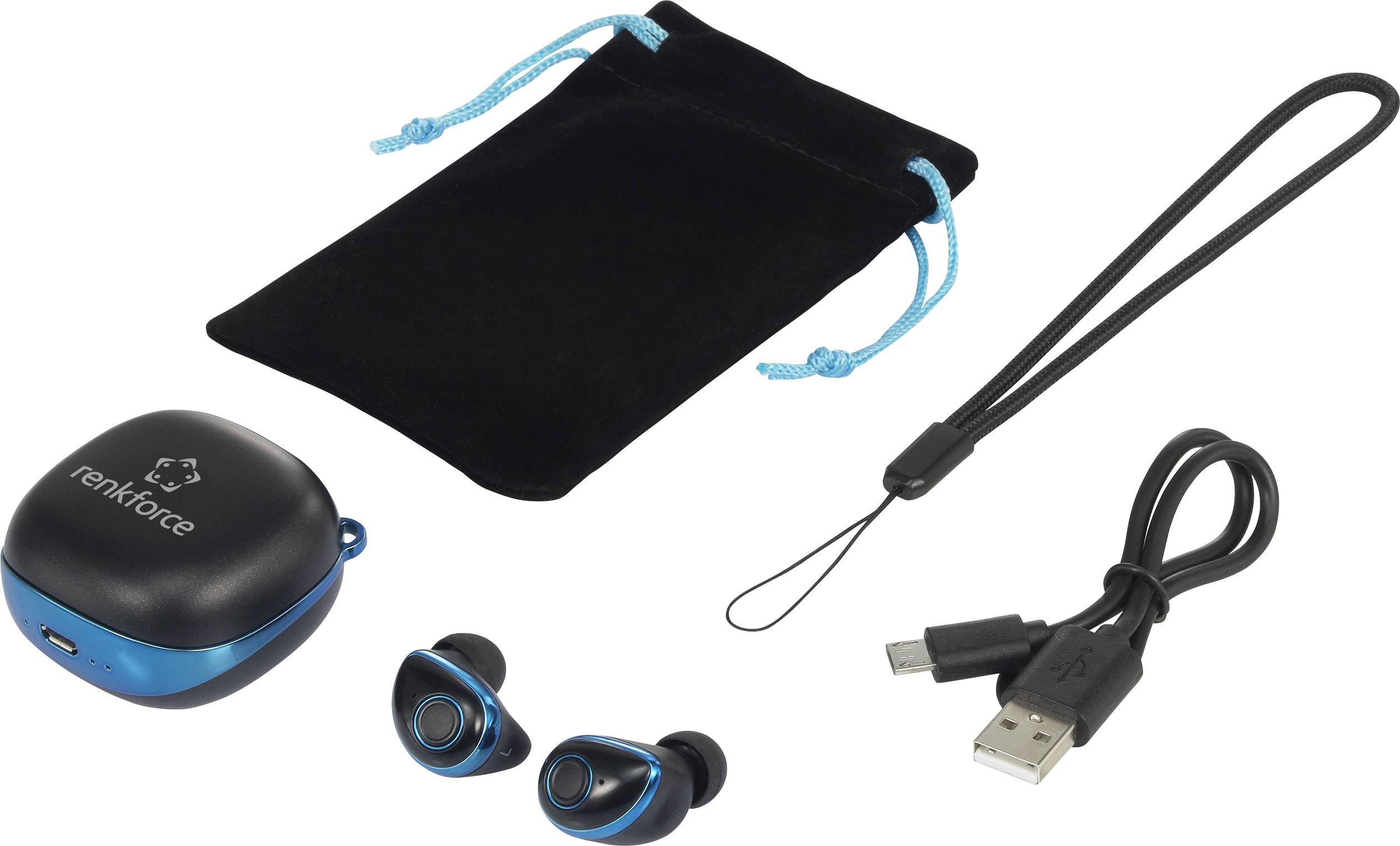 Kabellose In-Ear-Kopfhörer mit Ladehülle, USB-Kabel, und Tasche. Perfekt für unterwegs. Innovatives Design in Schwarz und Blau.