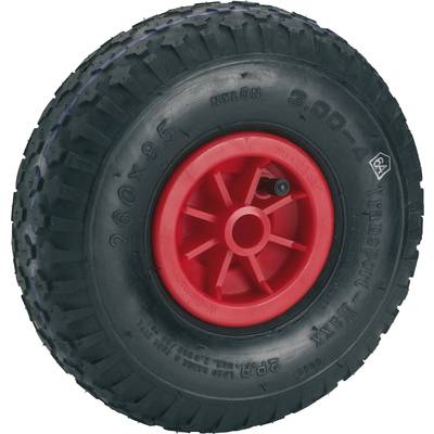 Schwarzes Gummi-Rad mit roter Felge, geeignet für Schub- oder Sackkarren. Markierungen: '260x85', 'Nylon', 'Transport'.<br><br>