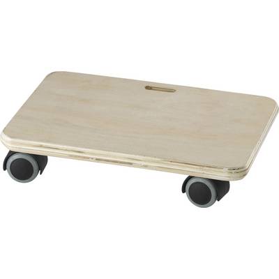Holzmöbelroller mit vier schwarzen Rollen, rechteckige Holzplatte mit abgerundeten Ecken und einem Tragegriff oben, zur Bewegung von Gegenständen.