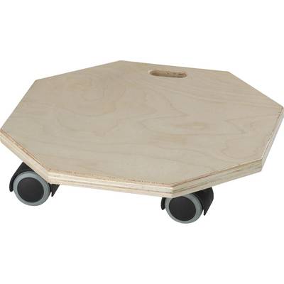 Ein achteckiges Rollbrett aus Holz mit schwarzen Rollen und einem Griffloch in der Mitte. Geeignet zum Transport von Gegenständen.