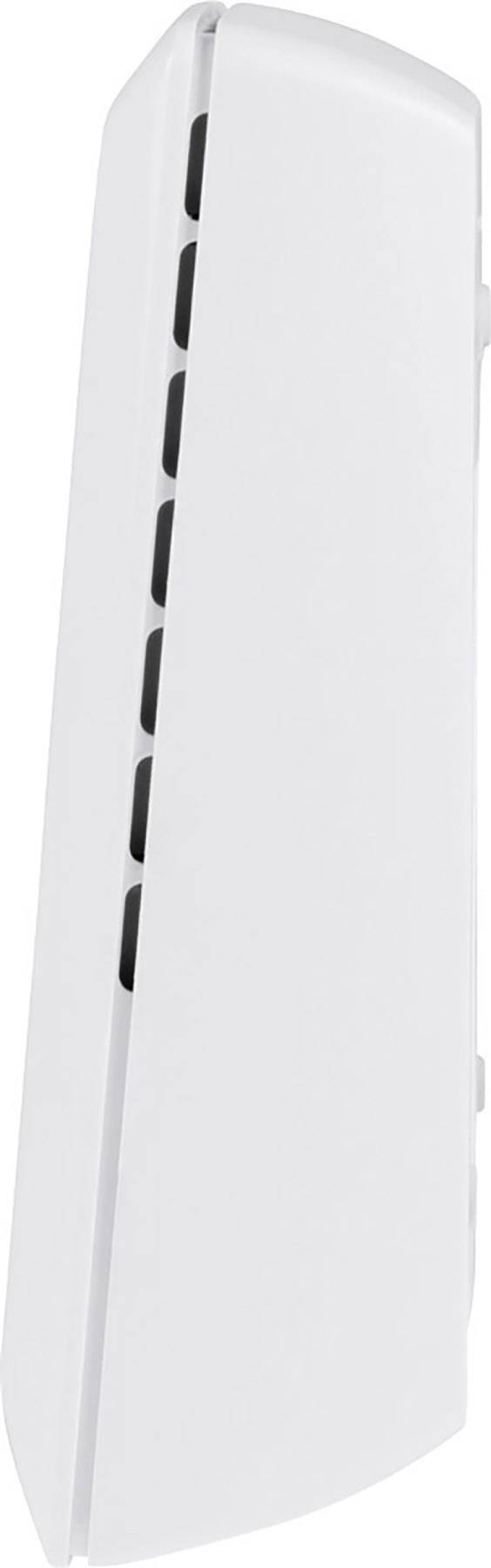 Eine weiße Spielekonsole mit schlankem, vertikalem Design und Lüftungsschlitzen an der Seite.