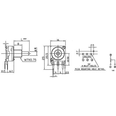Technische Zeichnung eines Potentiometers mit Maßangaben in mm. Zeigt Front- und Seitenansicht sowie Bohrungen für die PCB-Montage.