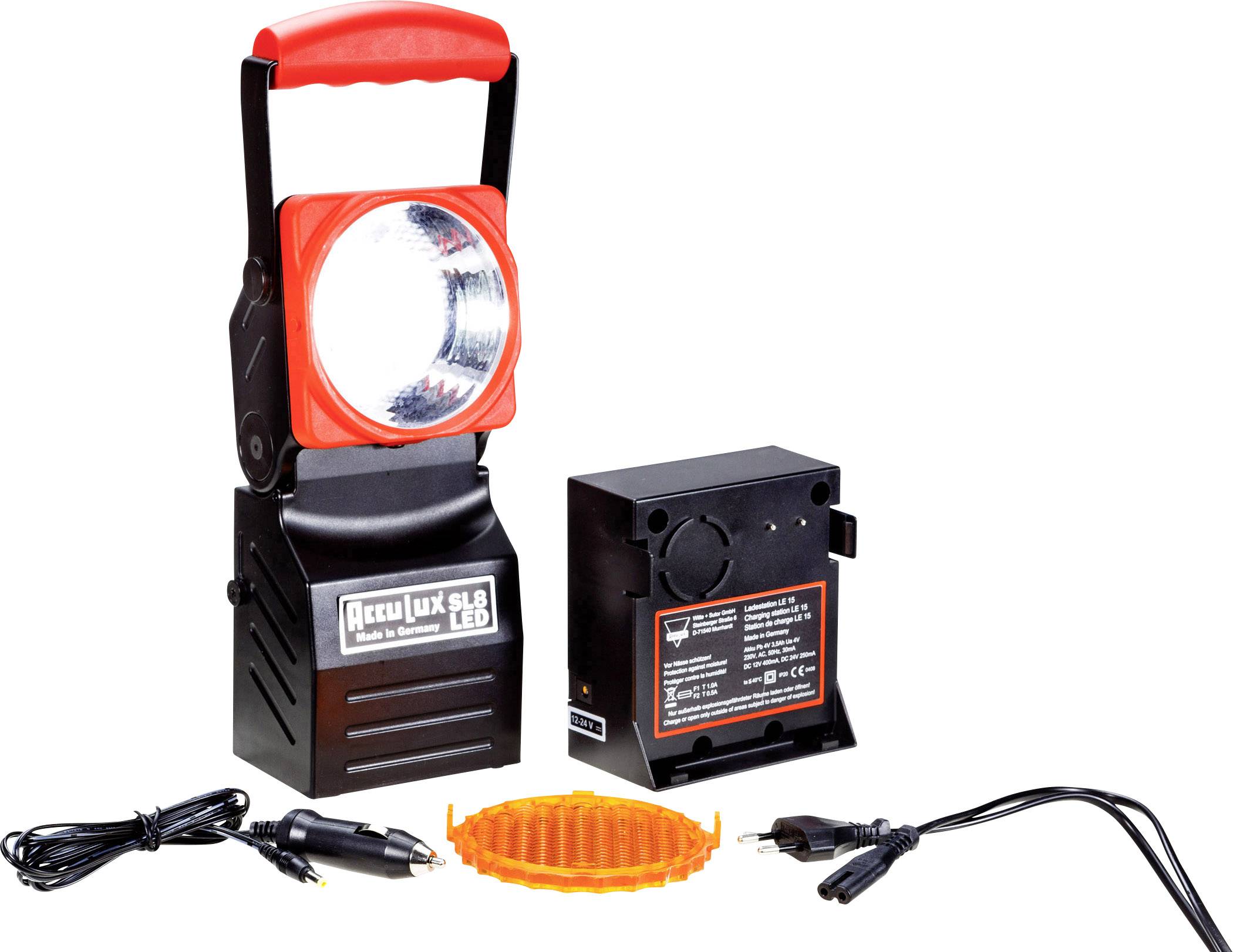 Tragbare LED-Lampe mit Akku, Ladegerät, Kabeln und orangener Linse.