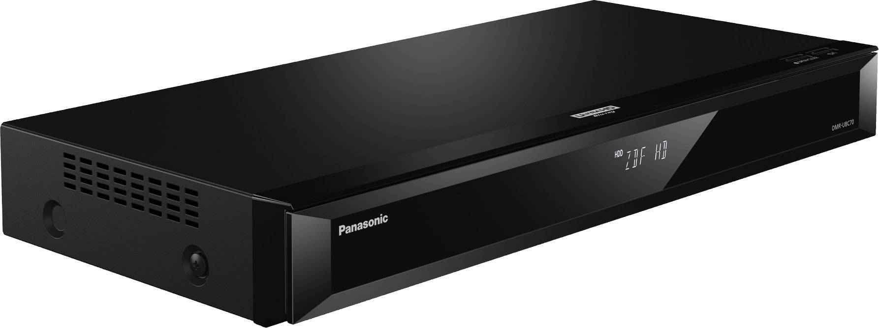 Ein schwarzer Panasonic Blu-ray-Player mit Digitalanzeige und seitlichen Lüftungsschlitzen.
