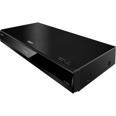 Schwarzer Blu-ray-Player mit Schriftzug 'Ultra HD' auf der Oberfläche, rechteckige Form, Flachbauweise, Vorderansicht mit Display.