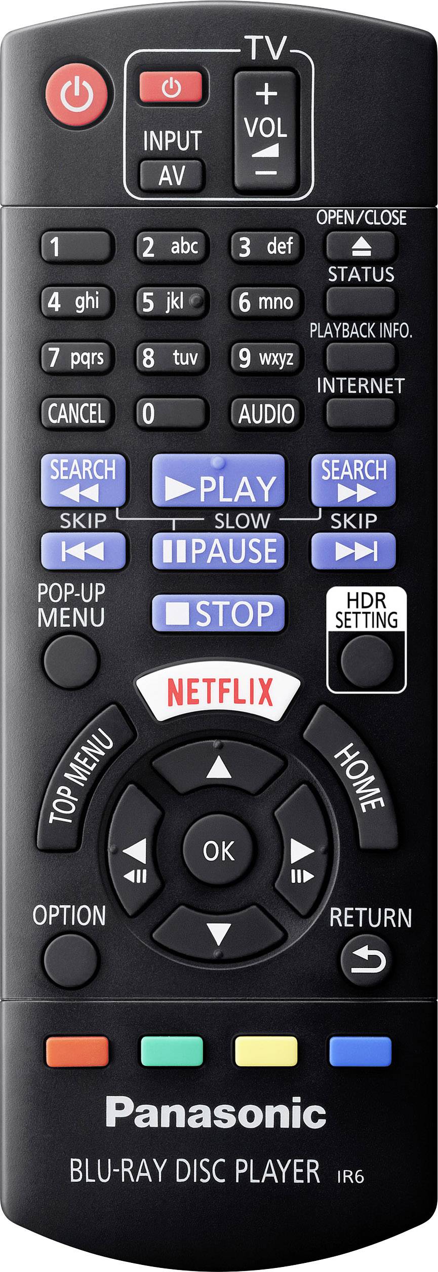 'Schwarze Fernbedienung für Panasonic Blu-ray Disc Player mit bunten Tasten für Navigation, Lautstärke, Wiedergabe und Streaming.'