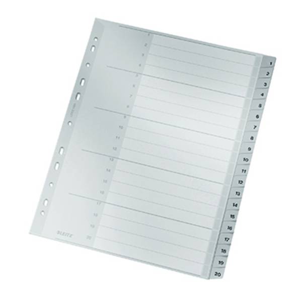Leitz 1284 Register DIN A4, Überbreite 1-20 Polypropylen Grau 20 Registerblätter  12840000