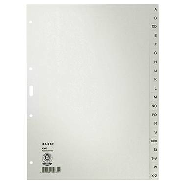 LEITZ Tauenpapier-Register, A-Z, A4 Überbreite, 20-teilig grau, 100 g-qm, Lochung: 80-80-80 mm, mit