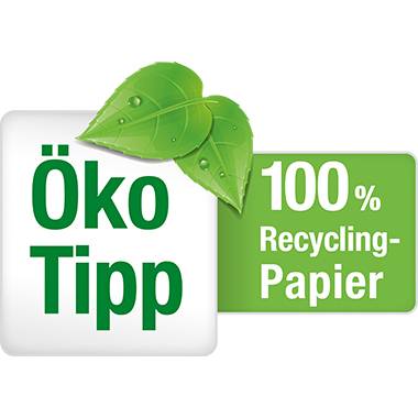 Öko Tipp-Logo mit zwei grünen Blättern und einem Schild mit der Aufschrift '100% Recycling-Papier'.