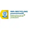 '100% RECYCLING, premiumweiß, klimaneutral produziert' Text mit blauem Engel Logo, das nachhaltige Produktion und Ressourcenschutz betont.