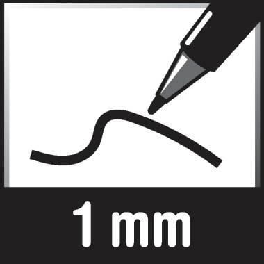 Eine schwarze Linie, gezeichnet von einem Stift auf weißem Hintergrund; Text unten: '1 mm'.