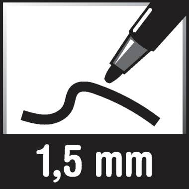 '1,5 mm' fasst die Linienstärke eines schwarzen Stiftes zusammen, dargestellt mit einer Beispielzeichnung.