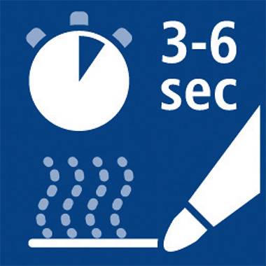 Eine Stoppuhr zeigt 3-6 Sekunden an, darunter gestrichelte Linien, die Hitze oder Bewegung symbolisieren, neben einer spitzen Form.