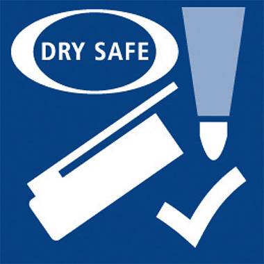 'DRY SAFE'-Logo auf blauem Hintergrund mit Büroklammer, Marker und Haken, zeigt an, dass der Marker nicht austrocknet, selbst ohne Kappe.