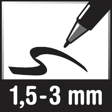 Ein schwarzer Filzstift zeichnet eine dicke Linie. Darunter steht: '1,5-3 mm'.