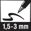 Ein schwarzer Filzstift zeichnet eine dicke Linie. Darunter steht: '1,5-3 mm'.