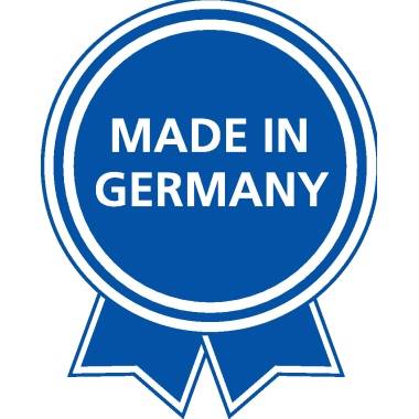 Ein blaues Emblem mit der Aufschrift 'MADE IN GERMANY', das für deutsche Herstellung oder Qualität steht.