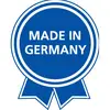 Ein blaues Emblem mit der Aufschrift 'MADE IN GERMANY', das für deutsche Herstellung oder Qualität steht.