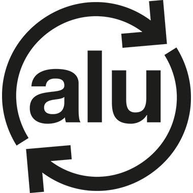 Das Bild zeigt das Wort 'alu' umgeben von einem Kreis mit zwei Pfeilen, die Recycling andeuten.