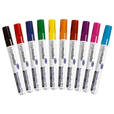 Bunte Whiteboardmarker in verschiedenen Farben aufgereiht.