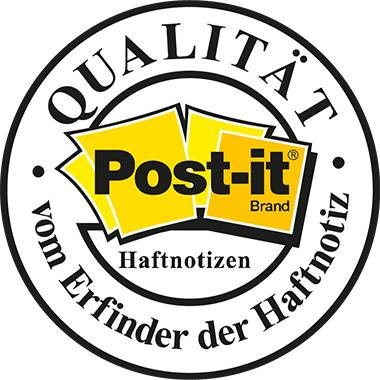 Ein runder Stempel mit den Worten 'QUALITÄT vom Erfinder der Haftnotiz'. In der Mitte das 'Post-it'-Logo auf gelbem Hintergrund.