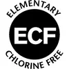 Schwarz-weißer Kreis mit der Aufschrift 'ECF' in der Mitte; darüber 'Elementary', darunter 'Chlorine Free'. Zeichen für chlorfreies Material.