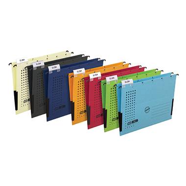 Bunte Hängeregister mit Etikett 'ELBA', in verschiedenen Farben aufgereiht, zum Sortieren und Organisieren von Dokumenten.