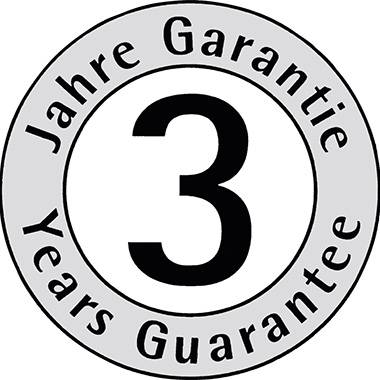 '3 Jahre Garantie' Siegel in Schwarz-Weiß. Rundes Design mit Text in Deutsch und Englisch.
