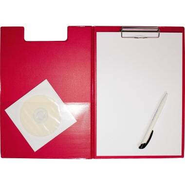 Rote Dokumentenmappe mit einer Schreibunterlage rechts, einem weißen Blatt Papier in der Klemme und einem Stift daneben. Links eine CD in einer Hülle.