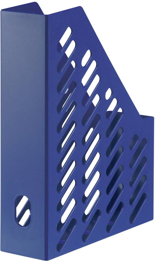 Blauer Stehordner aus Kunststoff mit schrägen Gitteröffnungen, geeignet zur Aufbewahrung von Dokumenten und Zeitschriften.