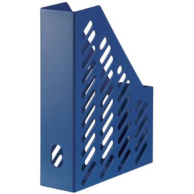 Blauer Zeitschriften-Sammler mit diagonalem Gittermuster und seitlichem Griffloch, geeignet zur Aufbewahrung von Dokumenten.