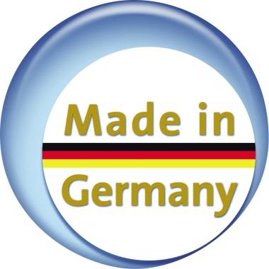 'Made in Germany'-Logo in einem blauen Kreis mit einer deutschen Flaggenlinie darunter.