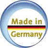 'Made in Germany'-Logo in einem blauen Kreis mit einer deutschen Flaggenlinie darunter.