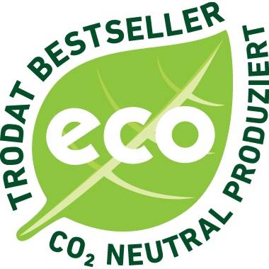 'Trodat Bestseller, CO₂ neutral produziert' steht über einem grünen Blatt mit einem weißen 'eco'-Schriftzug darin.