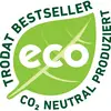 'Trodat Bestseller, CO₂ neutral produziert' steht über einem grünen Blatt mit einem weißen 'eco'-Schriftzug darin.
