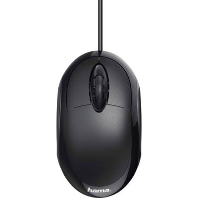 Schwarze Kabelmaus von oben, Markenname 'hama' auf der Vorderseite, mit Scrollrad in der Mitte, ergonomisches Design für Computer.