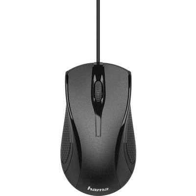 Schwarze kabelgebundene Computermaus mit ergonomischem Design, zwei Tasten und einem Scrollrad. Markenlogo 'hama' an der Vorderseite.