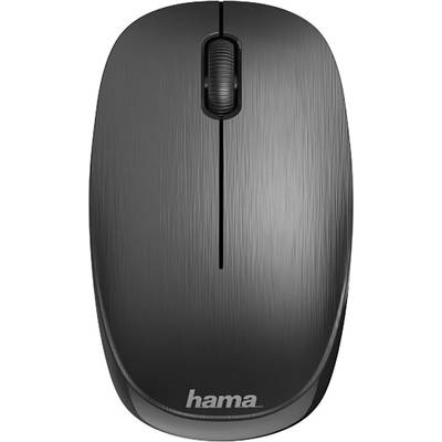 Kabellose schwarze Maus von Hama mit einer strukturierten Oberfläche und einem Scrollrad in der Mitte.