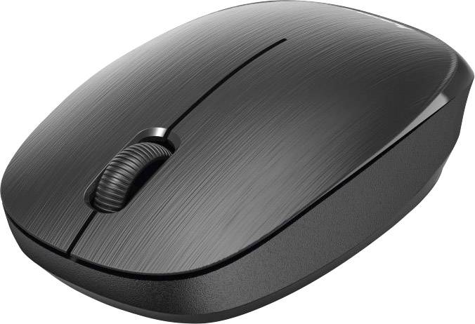 Eine schwarze, kabellose Computermaus mit Scrollrad auf weißem Hintergrund.