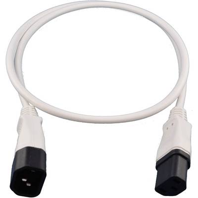 Weißes Stromverlängerungskabel mit einem schwarzen C13-Stecker und einer schwarzen C14-Buchse an den Enden.