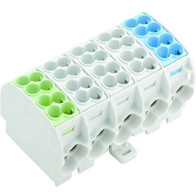 Eine mehrfarbige elektrische Steckklemme mit grünen, blauen und weißen Anschlüssen zur sicheren Verbindung von Drähten.