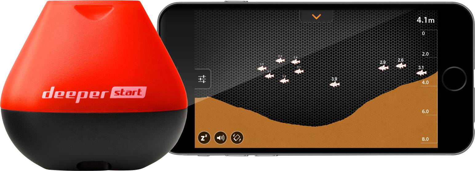 Ein roter, tropfenförmiger Sonar-Sensor neben einem Smartphone. Auf dem Bildschirm des Smartphones wird eine Fischortungs-App angezeigt.