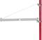 Ein rotes Gerüstrohr mit einer horizontalen grauen Strebe und einem Befestigungsseil, typisch für Baugerüste.